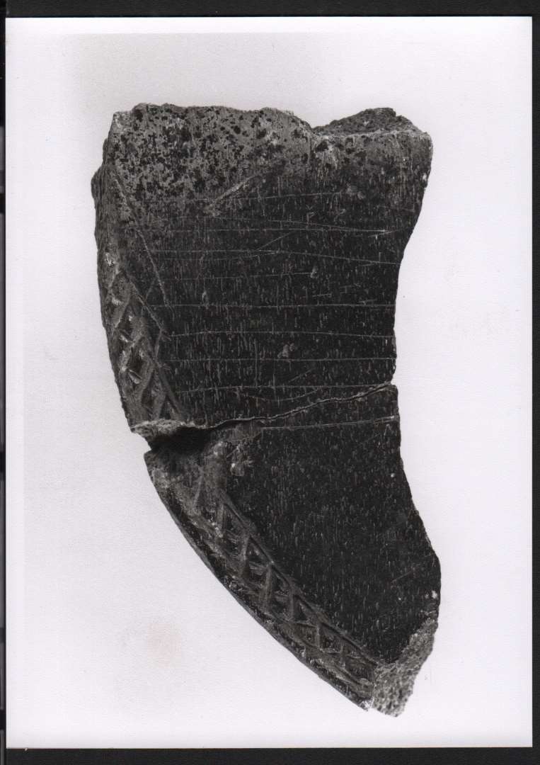 Fragmenter af hvalplade, bl.a. med udskåret dyrehoved med nakkedel. På to sammenhængende fragmetner ses runer