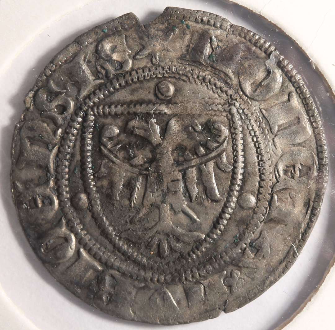 Sandsynligvis tysk shilling. Lübeck, sechsling, Kan dateres nærmere ved hjælp af Jesse (JCM). Jesse 410, efter 1392.