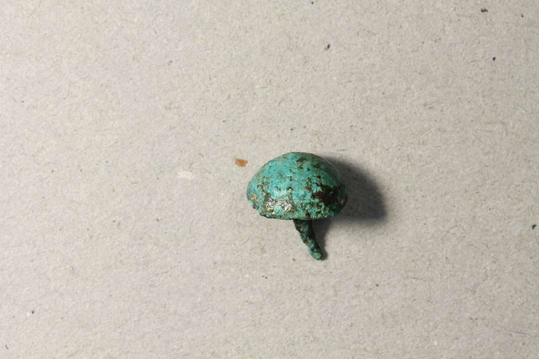 Lille pyntesøm af bronze med hvælvet, forgyldt hoved. Diameter: 0,9 cm.