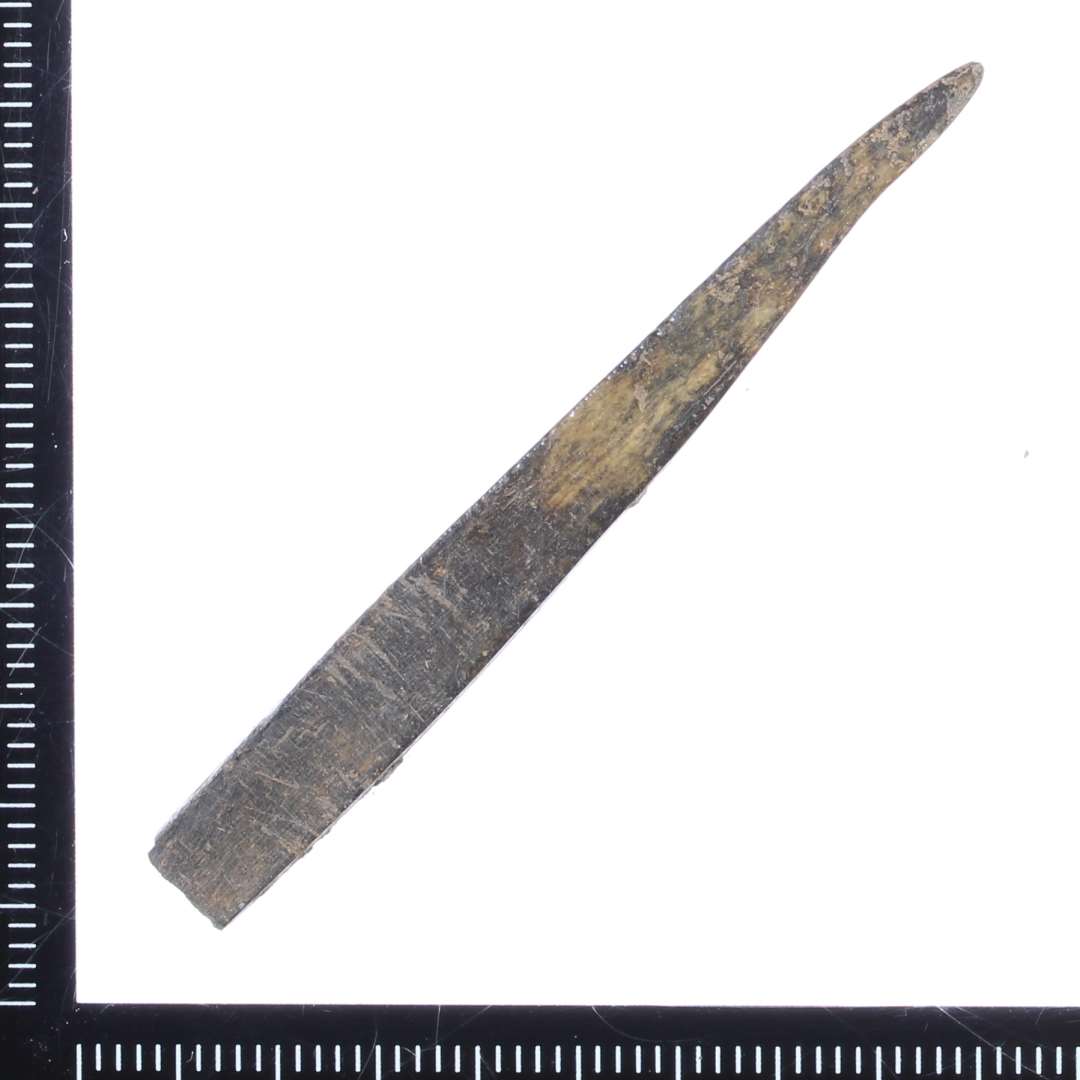 Fragment af bennål. Ca. 6 cm. Spidsen bevaret. Flad i snit.