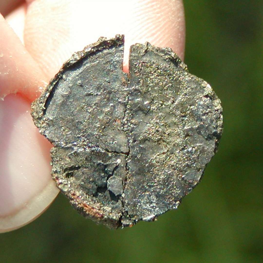 Mønt. Kun den ene korrosionsskal bevaret med aftryk af perlebort m.m.
Kan være fra Vald. II - Erik Klipping.