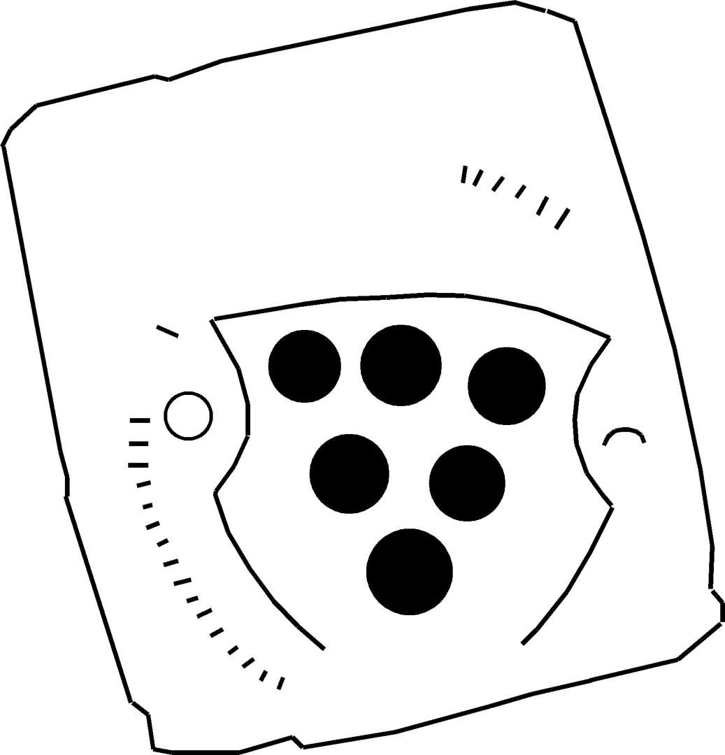 Møntvægtlod, med 6 kugler omkranset af skjold. Til venstre for skjold, bogstavet o eller cirkel, samme ser ud til at være gældende på højre side. For møntvægtlodder er det kendt at der er bogstaver, og at bogstaverne står for den mønt de tilsvarer (vægtmæssigt). Største mål: 2 cm.
Minder om vægtlodder til italienske Scudo, hvis våbenskjold til tider har seks kugler arrangeret på denne måde.