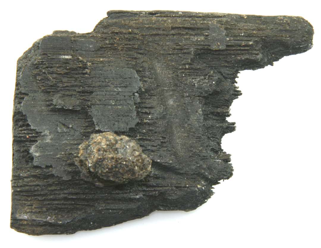 Hjørnefragment af karstav af egetræ, hvori fastrustet jernsøm afbrudt i den spidse ende. Største længde: ca. 9 cm. Største bredde: ca. 7 cm. Stykkelse omkring: 1 cm.