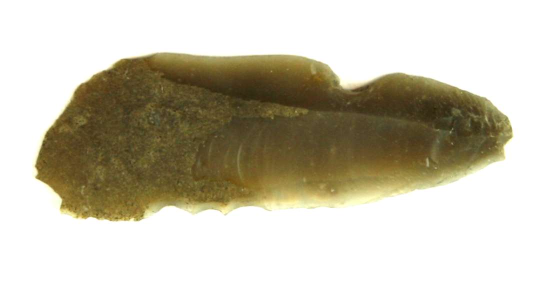 Flække af grå flint. Del af skorpen bevaret i nederste ende. L : 5,7 cm.