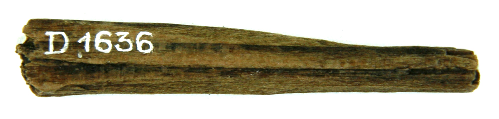 Stump af træpind af bøg. Fragment af pølsepind? Brækket i begge ender og med grov tilspidsning i den ene ende, men iøvrigt uden tildannelser. Største mål længde: 4,8 cm. Tværmål: 0,5 - 0,8 cm. 