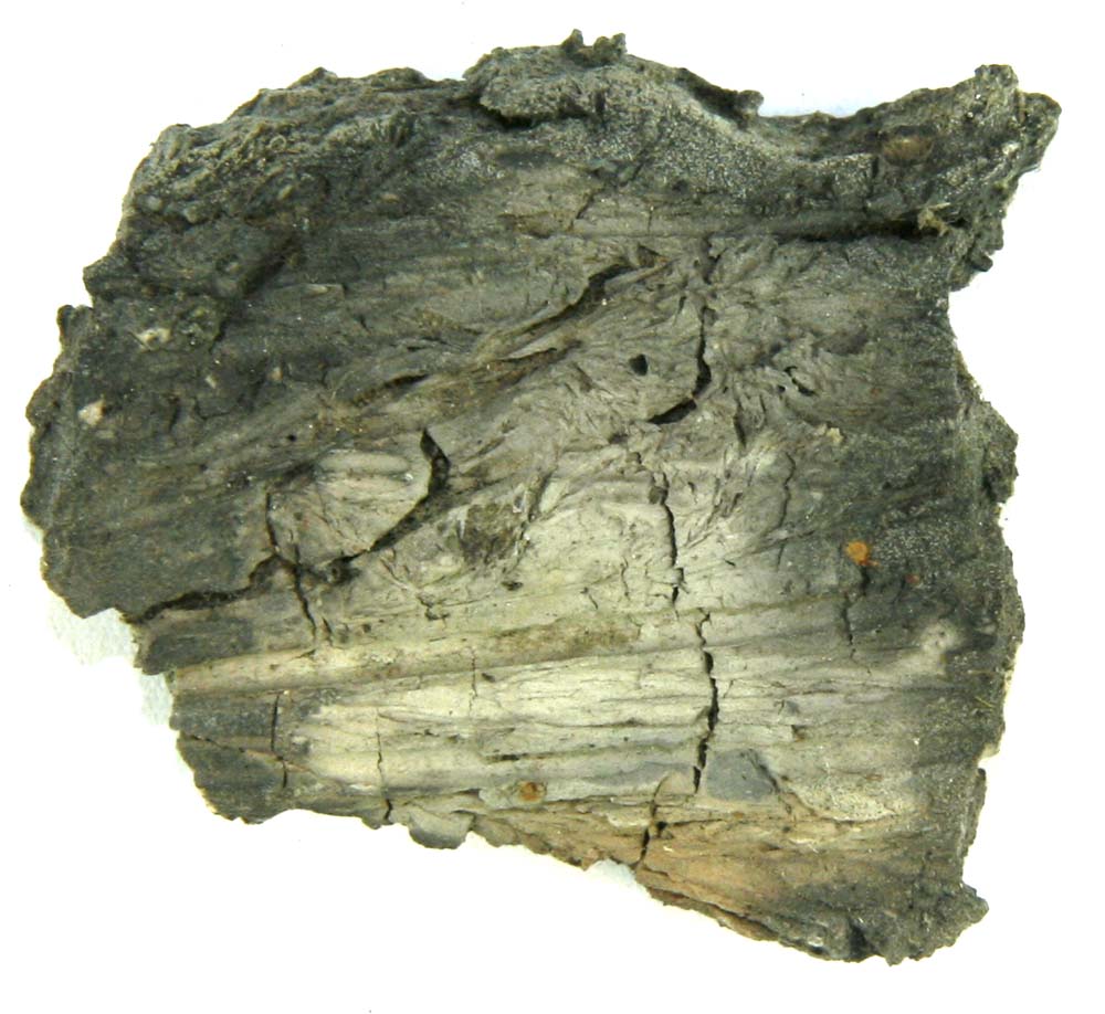 Fragment af grå- og gulbrændt lerklining med aftryk af pinde og strå.