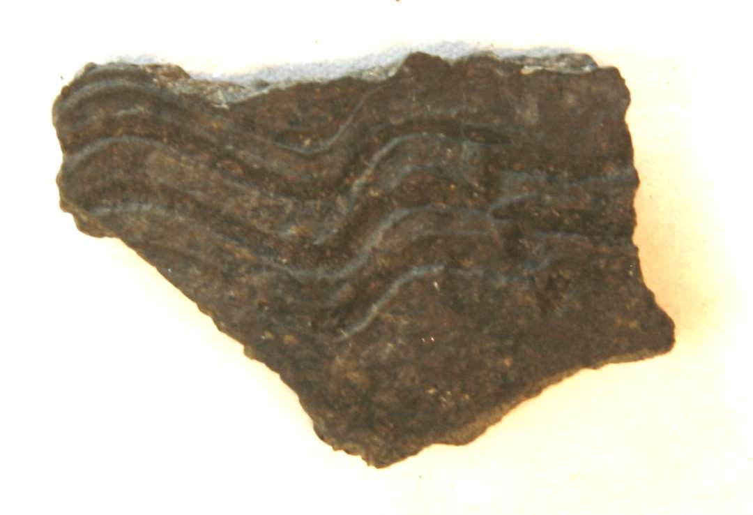 1 sideskår af gråsort, magret lergods med et bælte af dybt indridsede bølgelinier på ydersiden. Gr. 5.
