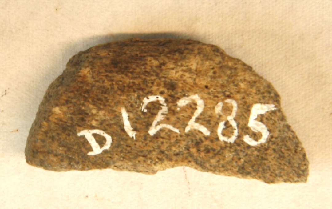 1 fragment af groft tildannet, uregelmæssig cirkulær skive af hjortetak med spor af en gennemboring på midten. L: 3,25 cm. Br: 1,5 cm. St. tyk: 1,15 cm.