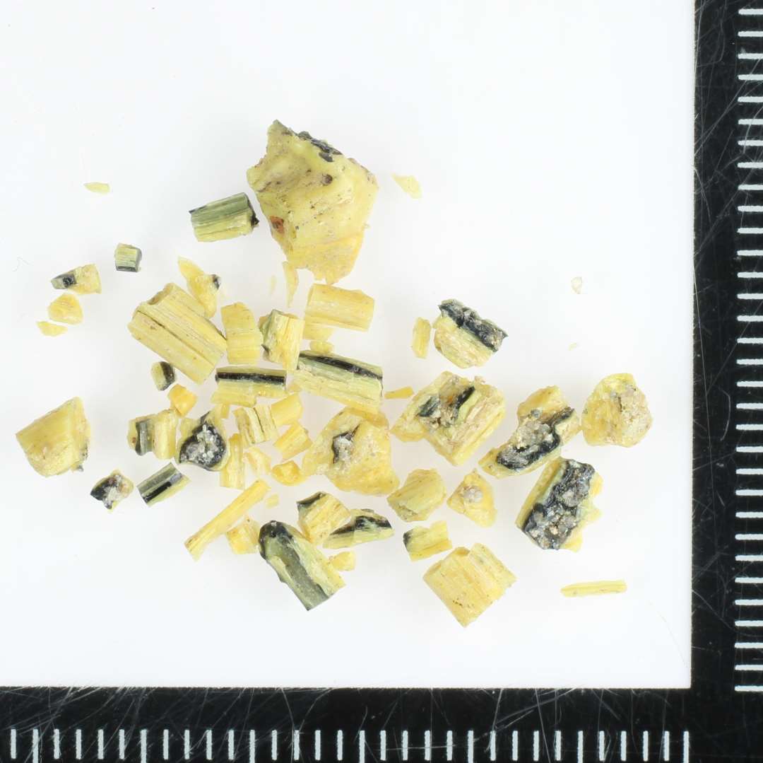 En samling forknuste fragmenter af glasstang af ugennemsigtig gullig glasmasse hvori er indsmeltet en tråd af sort ugennemsigtigt glas.
