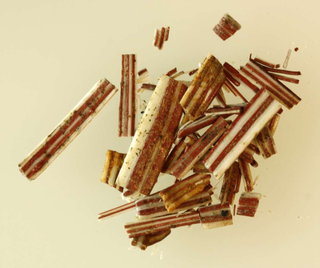 En samling fragmenter af flad bændelagtig smallere og bredere stangform bestående af sammensmeltede tråde af ugennemsigtig hvidgrå og rødbrunlig glasmasse.
