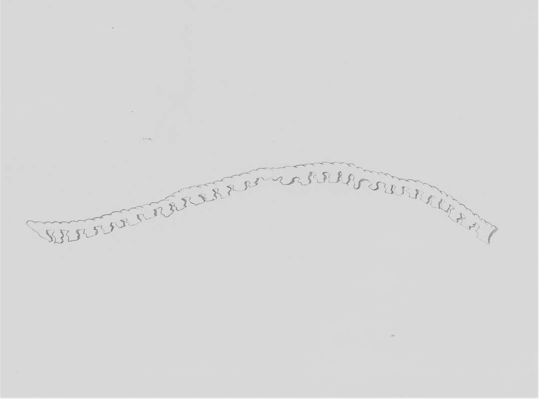 18 stk. læder, heraf 3 stk. bevaret: Overlæderfragment af Sko til halvvoksen Person? Stykket der er stærkt indtørret er afskaaret ved den ene Side, flænget ved den anden Side, hvor to Snørehuller forefindes, det ene med isiddende Snørerem. En under Snørehullerne fastsyet Læderstrimmel er ogsaa bevaret. Største Maal ca. 12 x 20 cm. En ca 15 cm lang læderstrimmel med kantede Udhugninger langs den ene Rand, Sømspor langs den anden Rand har, efter tilsvarende sømspor paa Overlæderets Overkant og andre Mærker at dømme, sandsynligvis siddet fastsyet her som Prydkant. 
