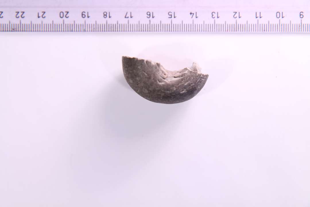 Ca. halvdelen af ringformet flintesten med glat yderside. Muligvis tenvægt. H: 2.2 cm.