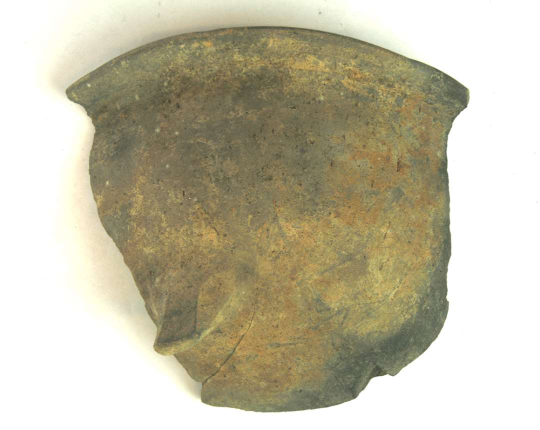 1 fragmenteret jydepotte, hvoraf en hel karside med rand, tå og bund er bevaret. Karrets højde er 12 cm, gruppe o.