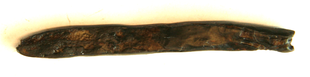 3 forrustede jernfragmenter, heraf : 1 jernstump med rektangulær tværsnitsform. L : 5,6 cm. 1 klinknagle af jern med et rhombeformet pladehoved. L : 4,1 cm.