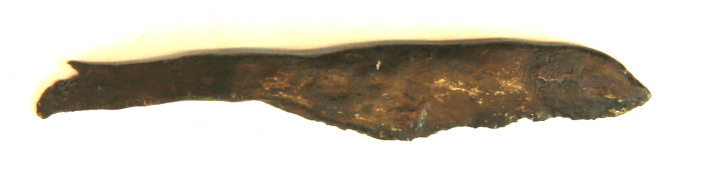 1 miniatureknivsblad af jern, hvis skafttunge flugter med bladryggen, der har nedadkrummet spids. L : 5,2 cm. St. br. 0,9 cm.