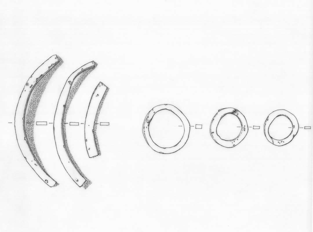 4 fragmenter af jern. 1 lang fladt krumbøjet jernbånd samhørende med  D5217 og 3 ringe af flad, sammenloddet jerntråd. Fra niv. 320. Det lange jernbånds længde ca. 8 cm. Ringenes mål 2 x 2,2 cm - 2,25 x 2,4 cm - 2,8 x 3 cm. 