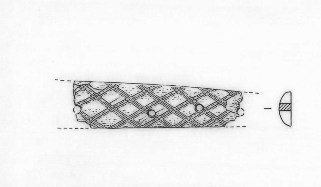 1 fragment af kamskinne, der på den hvælvede yderside er forsynet med et rhombeformet mønster dannet af krydsede dobbetlstreger. Stykket er overbrudt i begge ender, hvor der ses spor af naglehuller, ligesom to sådanne findes midt på stykket. L : 4,8 cm. Største br : 1,35 cm. Tyk : 0,5 cm. 