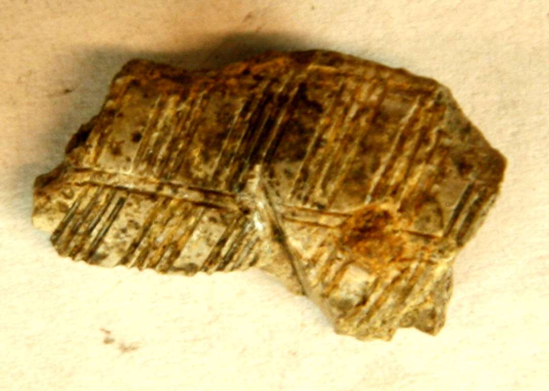 1 rustindkapslet kamskinnefragment, der på oversiden er forsynet med en tæt fin skråt anbragt stregornamentik. På undersiden to tandmellemstykker og jernnagle. 2,5 cm. lang