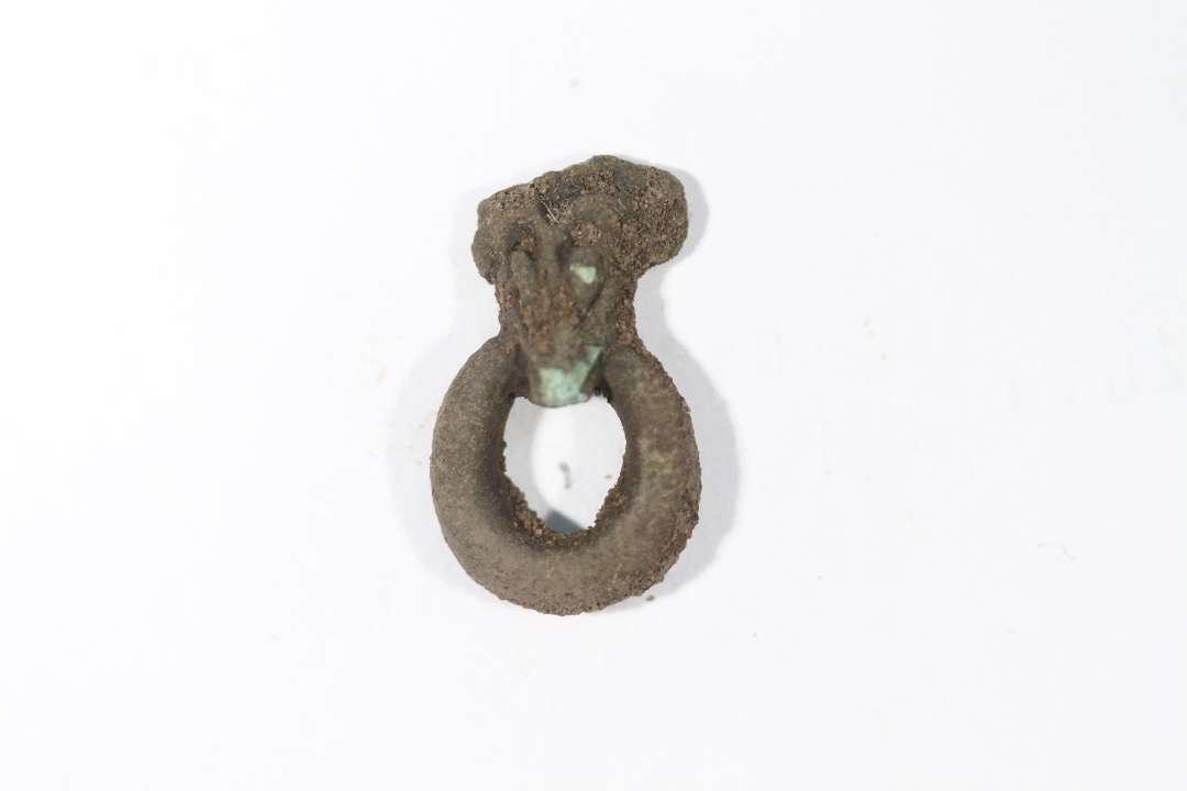Ring af bronze, der er støbt i et med et dyrehoved, der bider over den. Dyrehovedet har en spids snude og spidsovale øjne. Bagpladen med evt. nitter mangler. Vikingetid eller ældre Middelalder. Største mål: 2,7. Ringens diameter: 1,7 cm.
