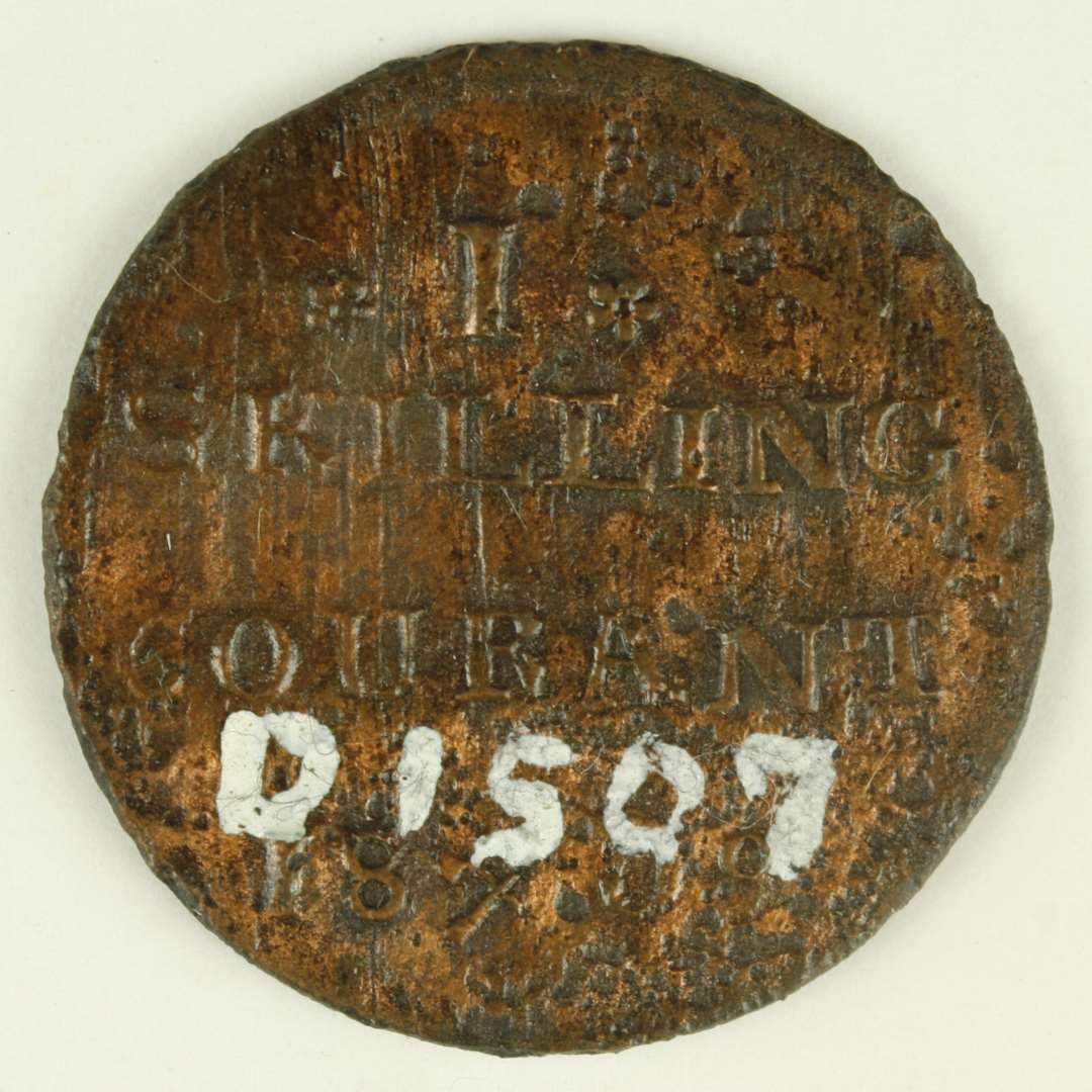 Kobbermønt, på den ene side FR VI under krone, og på den anden 'I/SKILLING/COURANT/1809'.
