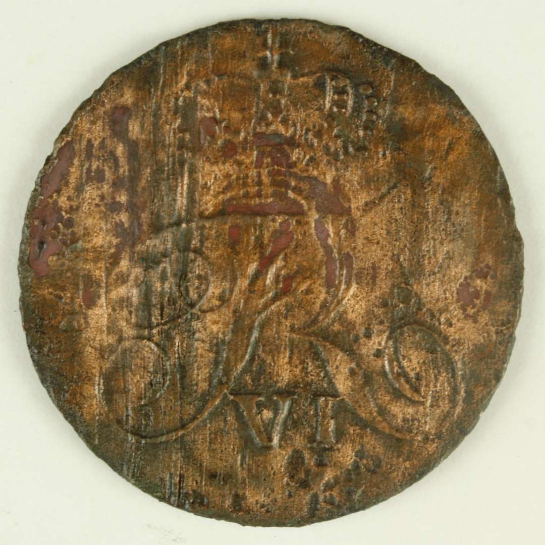 Kobbermønt, på den ene side FR VI under krone, og på den anden 'I/SKILLING/COURANT/1809'.