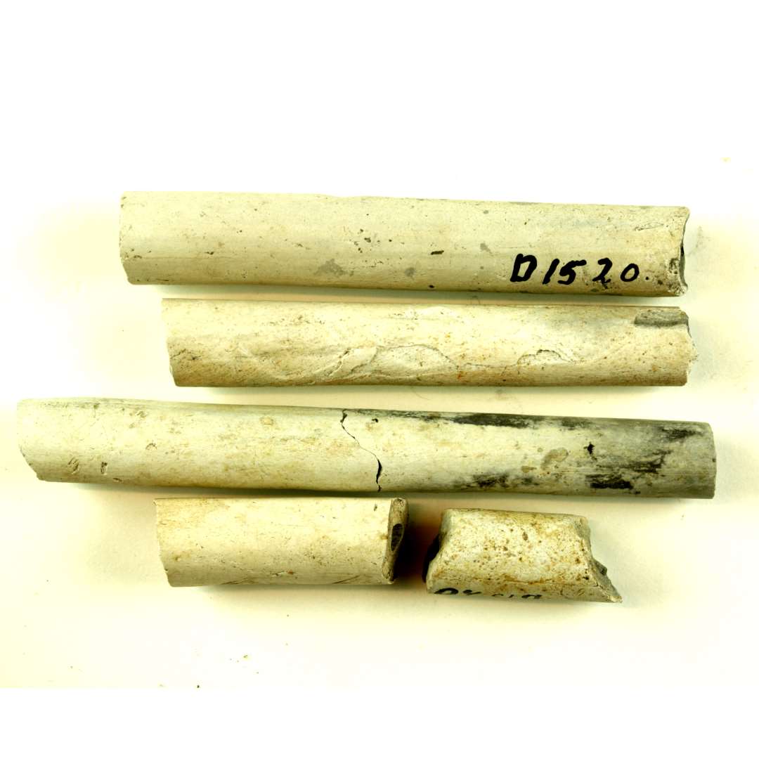 5 fragmenter af kridtpibestilke med indpressede franske liljer i større eller mindre rhombeformede rammer. Længde: 2-7,6 cm.