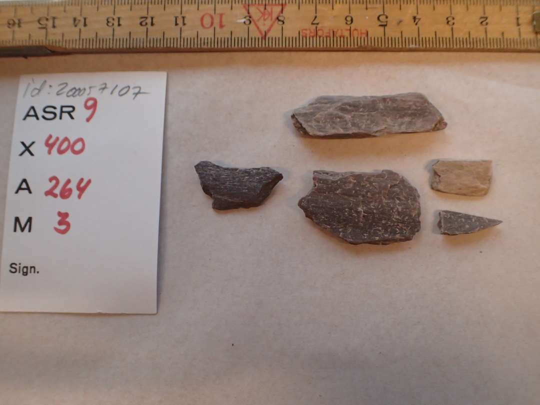 5 fragmenter af hvæssesten. Violet skifer. Mål: 2-4,7 cm.