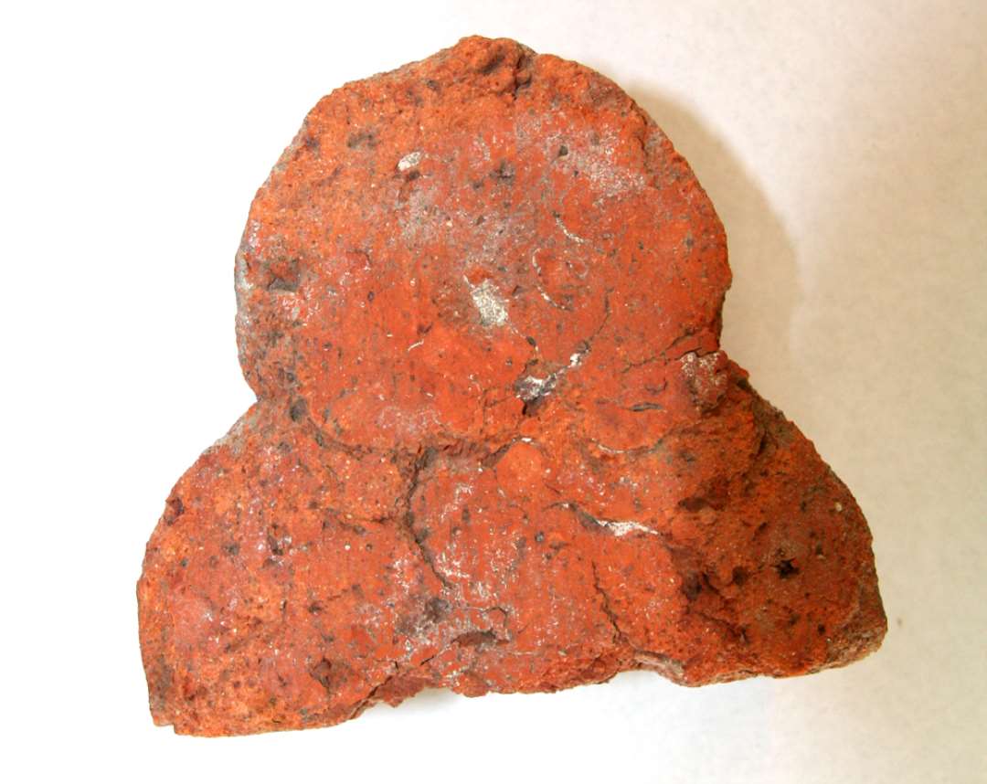Ribbesten af rødbrændt ler. Nakken afbrækket, trepasformet hoved med kam på toppen. Bredde: 13,6 cm. Længde: 12,0 cm.