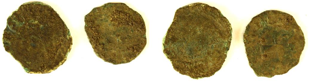 To mønter
En kobbersterling, Erik af Pommern, Randers, 1400-årene, (FP9574.15)
En formentlig borgerkrigsmønt (FP9574.14)