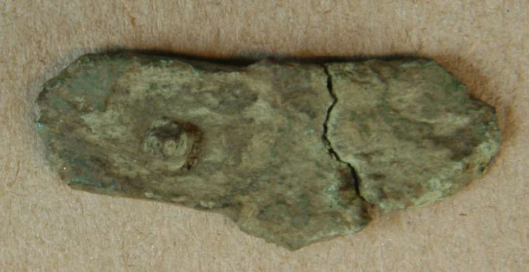 Fragment af fibel? Tungeformet med dyreslyngsornamentik, forgyldt. Længde: 29 mm.