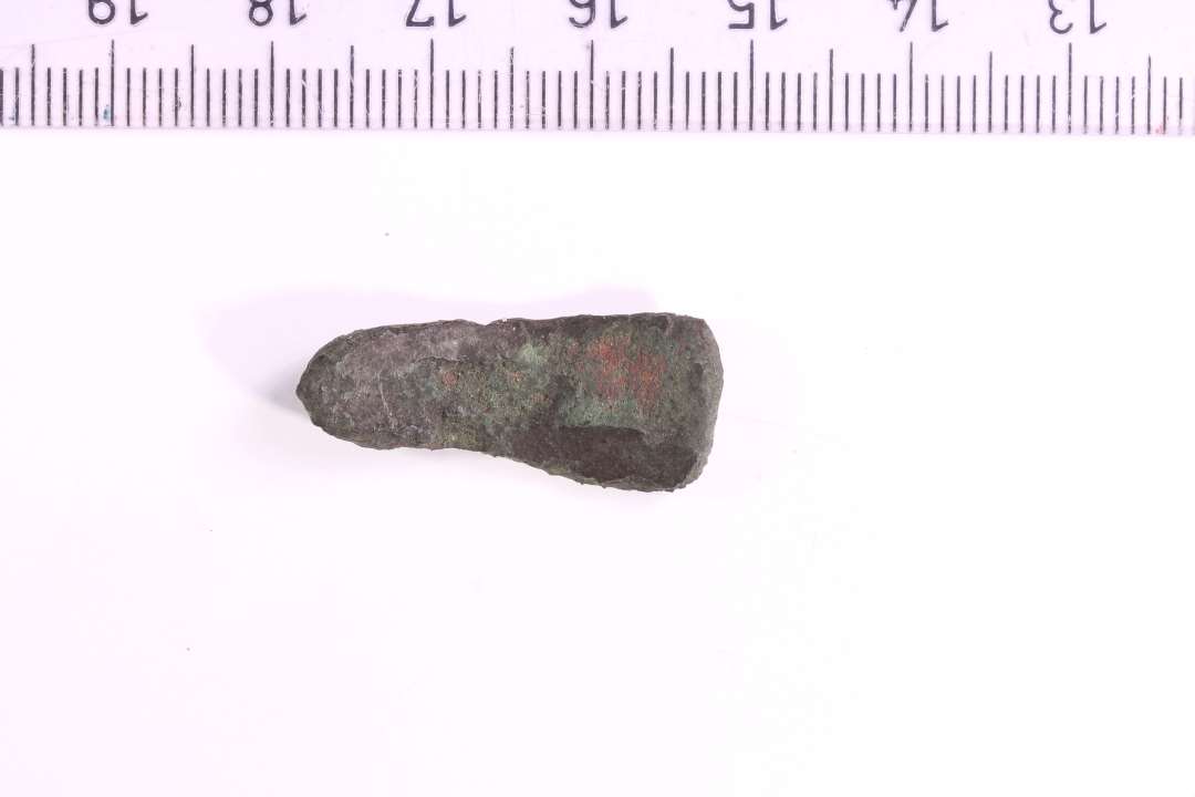 Formodentlig fragment af fibel. På bagside ses rest af nåleholder/skede. Længde: 2,5 cm., bredde: 1 cm.